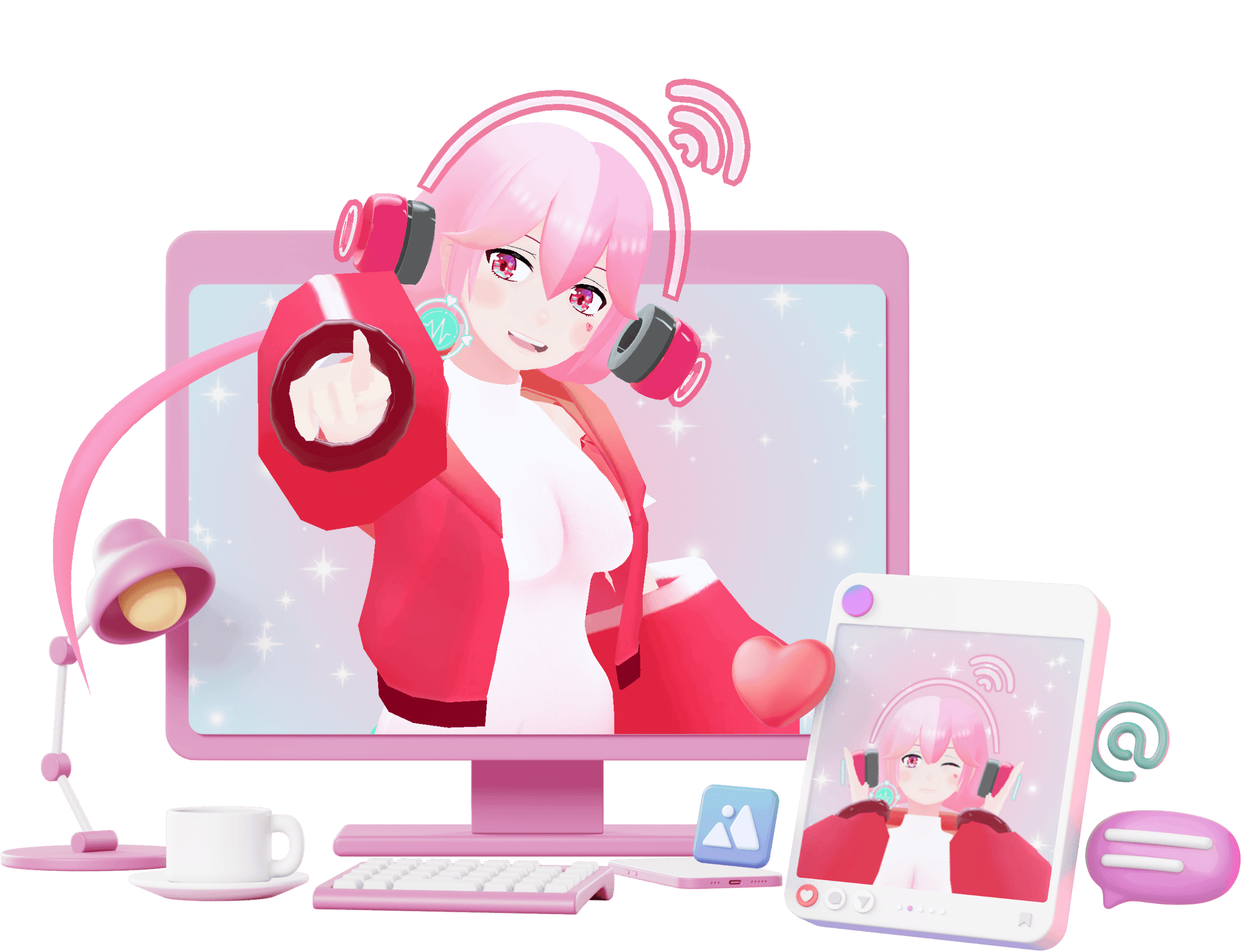 パソコンとタブレットからライブ配信するピンク色の髪のキャラクター
